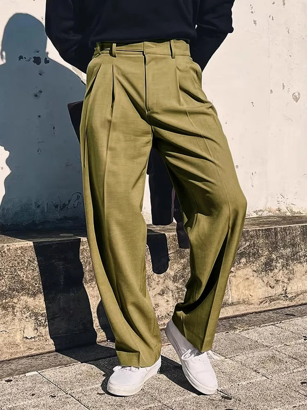 Vintage high-waist straight trousers for men in polyester, perfect for spring and summer casual wear with pleated detailing.