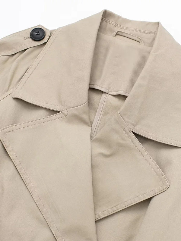 Premium polyester trench coat with double-breasted button closure front view