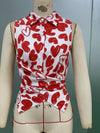Chic geometric print ruffle blouse for women, lightweight jersey, slim fit, perfect for summer casual or elegant occasions.