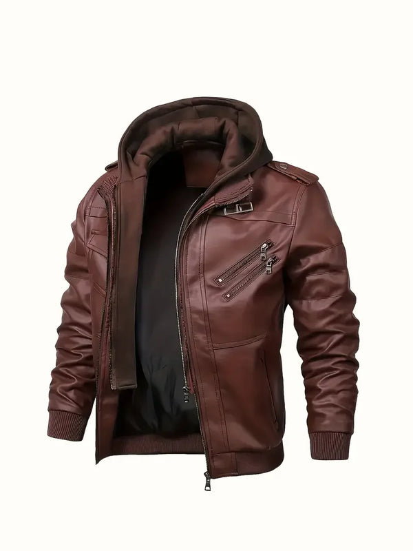 Sleek men's PU leather biker jacket with detachable hood, slim fit, classic lapel, ideal for autumn and winter wear.