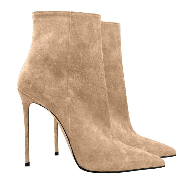 Chic suede stiletto mid-calf boots with side zipper in black.