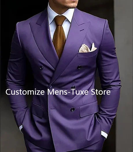 Model in a double-breasted suit, ready for a spring wedding or winter gala.