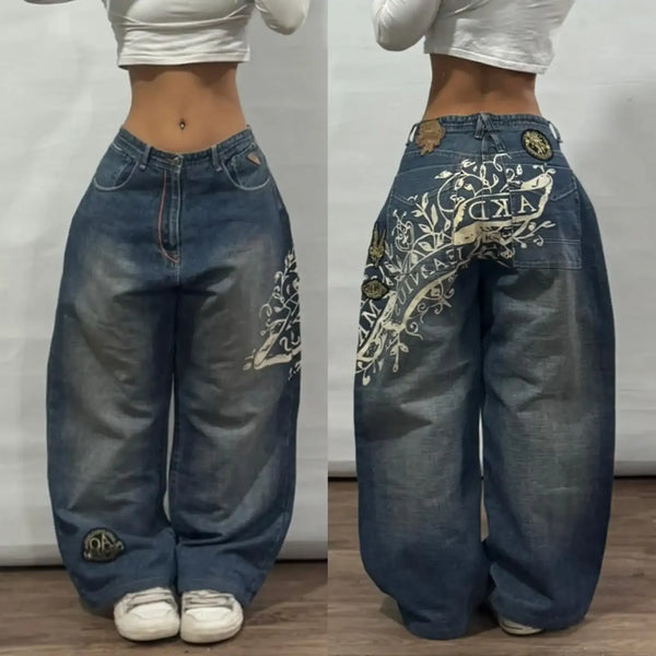 Embroidered denim jeans showcasing urban artistry and self-expression.