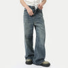 Men's wide leg jeans in washed blue denim with zipper fly closure