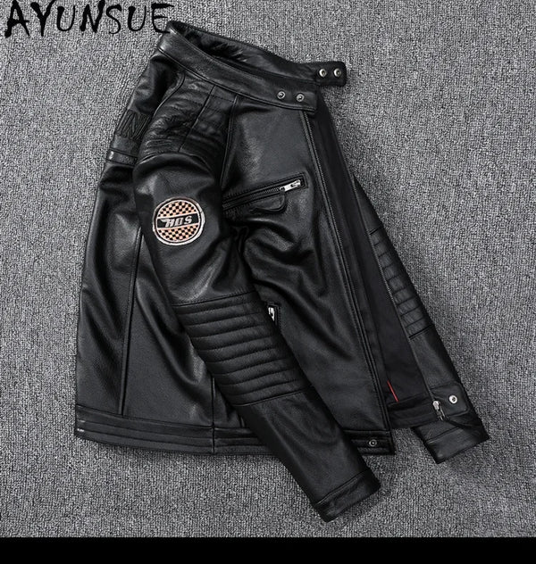 Men's slim fit leather motorcycle jacket in premium cow leather with stand collar and zip closure, perfect for spring and aut