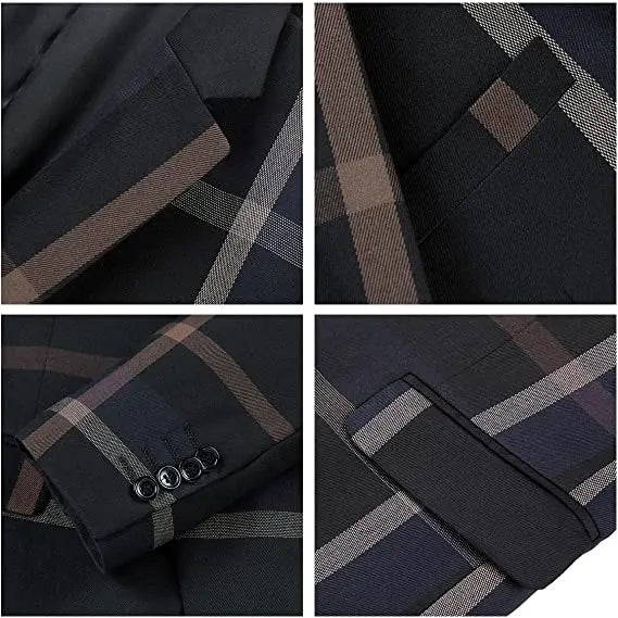 Elegant plaid 3-piece men's suit for formal occasions, featuring a single-breasted jacket and flat-front pants in premium pol