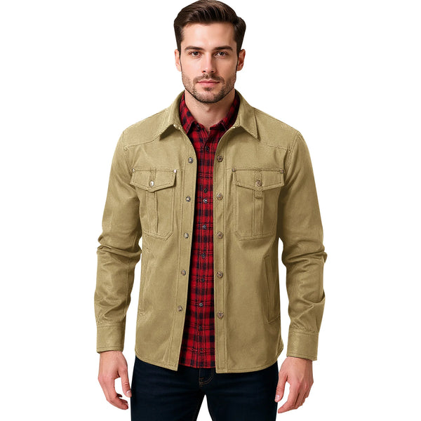 Men's Western Flannel-Lined Casual Jacket with metal buttons, multiple pockets, and soft flannel lining for warmth and style.