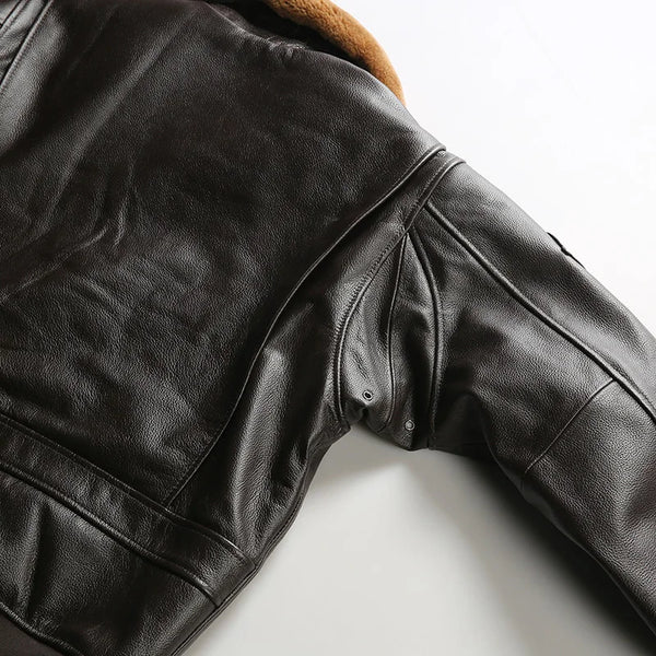 Men's Top Gun inspired leather bomber jacket styled for winter wear.