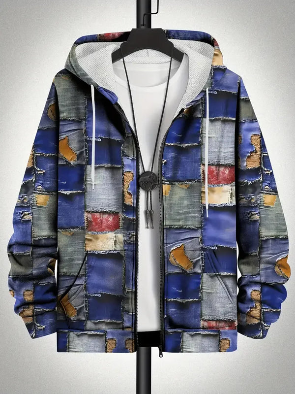 Retro-style men's hoodie featuring colorful plaid panels and convenient zip-front closure