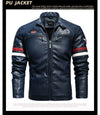 Stylish Men's PU Leather Biker Jacket in red, black, and dark blue with embroidery, perfect for winter and casual outings.