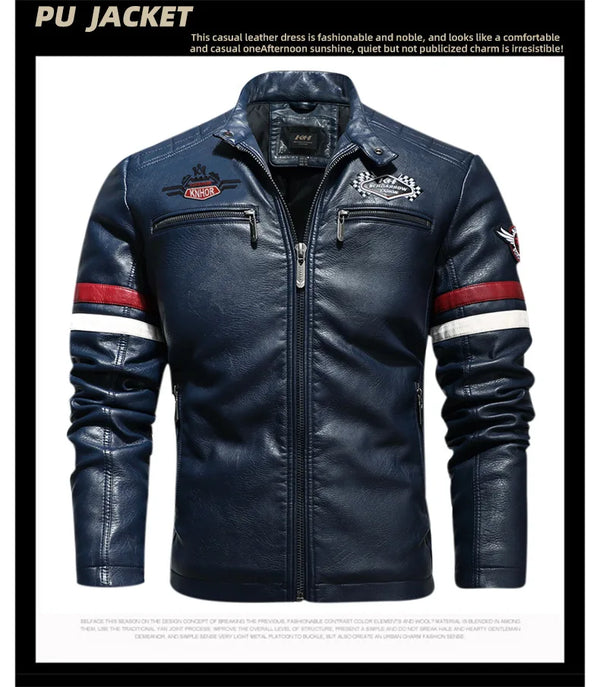 Stylish Men's PU Leather Biker Jacket in red, black, and dark blue with embroidery, perfect for winter and casual outings.