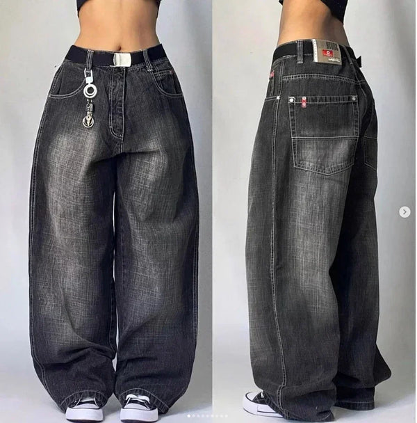 Trendy wide-leg jeans with unique patterns for casual chic outfits.