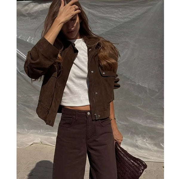 Women's brown casual jacket with turtleneck and large utility pockets