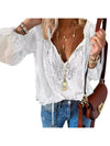 Elegant Boho Lace V-Neck Blouse for women, featuring delicate lace, relaxed fit, and lightweight fabric for spring and summer