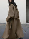 Elegant woolen trench coat featuring adjustable belt and sophisticated turtleneck design