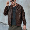 Men's autumn winter PU leather moto jacket with detachable hood, mandarin collar, and zippered accents for stylish comfort.