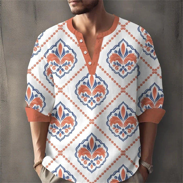 Cotton-linen blend henley shirt with distinctive geometric design