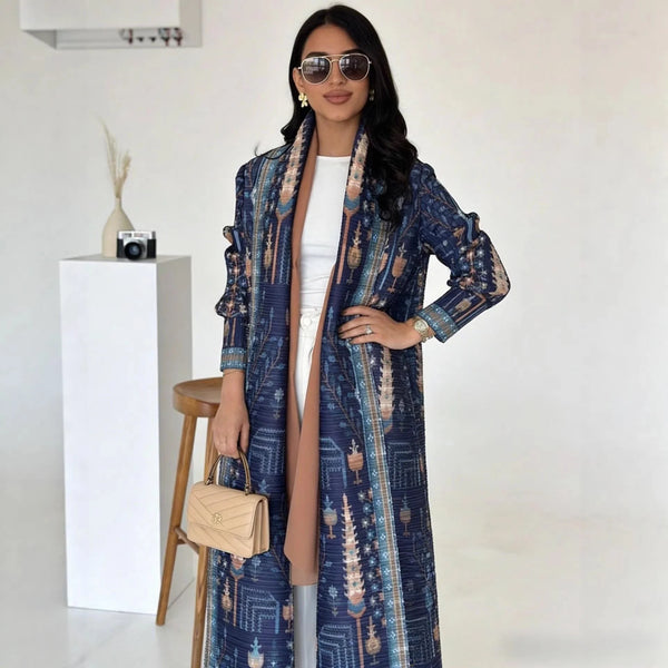 Woman wearing captivating blue hooded long coat with streamlined button-front design