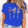 Floral print women's tee featuring 'Faith Hope Love' message, perfect for casual wear and versatile styling options.