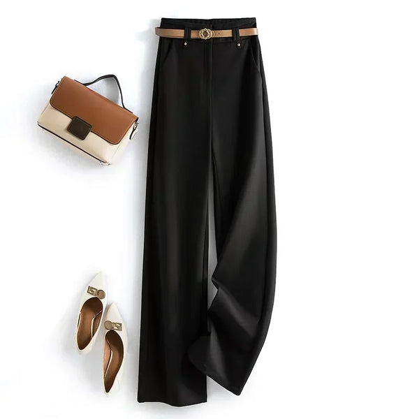 Elegant wide-leg work trousers for women in cotton blend, high waist, perfect for office wear and business casual outfits.
