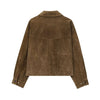 Chic women's leather jacket with button closure, lapel collar, short length, perfect for autumn fashion and urban style.