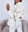 Chic women's hollowed-out long sleeve blouse in lightweight polyester, perfect for office wear or casual outings.
