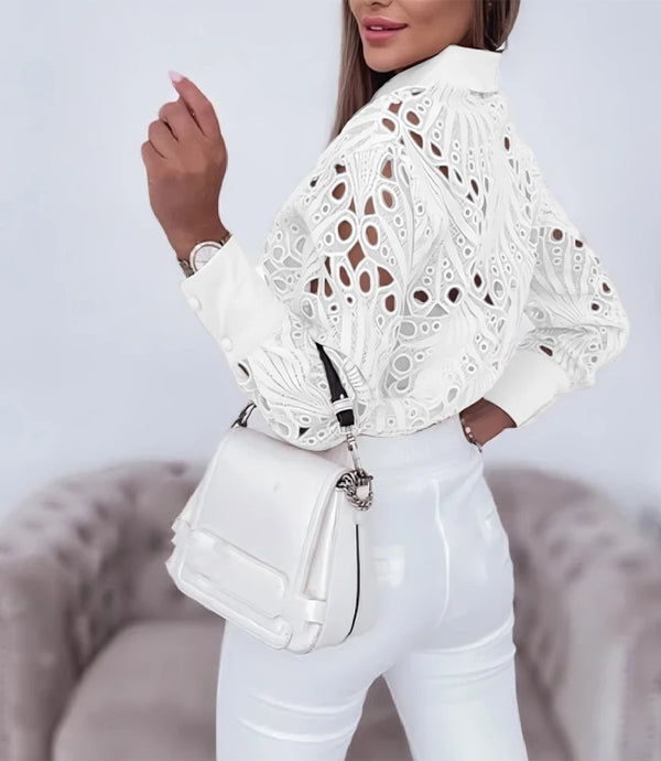Chic women's hollowed-out long sleeve blouse in lightweight polyester, perfect for office wear or casual outings.