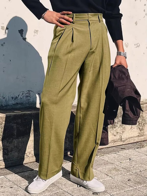 Vintage high-waist straight trousers for men in polyester, perfect for spring and summer casual wear with pleated detailing.