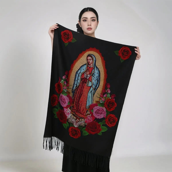 Vibrant winter wrap featuring Virgin Mary, made from delicate polyester for comfort and style.