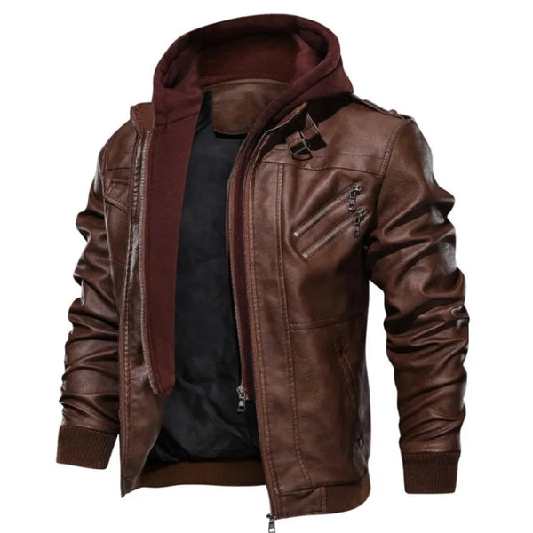 Men's PU leather hooded jacket for autumn and winter, stylish, warm, and versatile for outdoor adventures and casual wear.