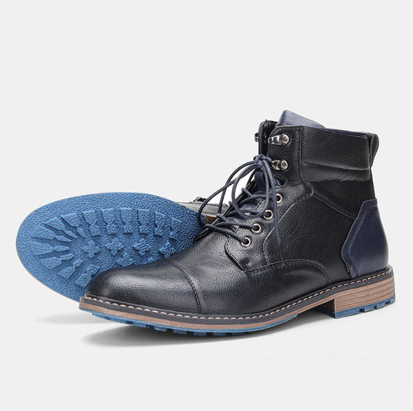 Men's zippered leather boots with low heel and breathable interior lining