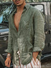 Men's oversized linen shirt in natural fabric with relaxed fit and turn-down collar for casual summer wear
