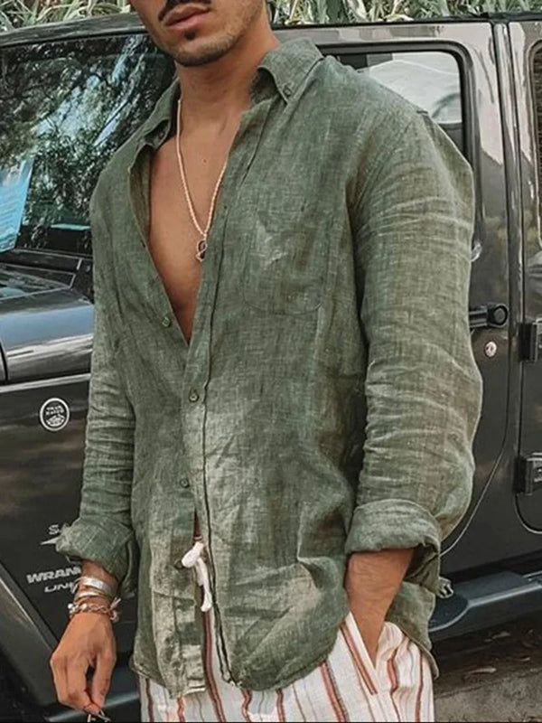 Men's oversized linen shirt in natural fabric with relaxed fit and turn-down collar for casual summer wear