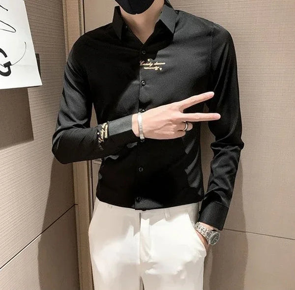 Elegant men's embroidered white long sleeve shirt with turn-down collar, perfect for casual and social events.