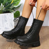 Chic white ankle boots with chunky heel, lace-up closure, and durable PU leather for stylish fall/winter outfits.