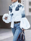 Elegant floral puff sleeve blouse for women, high-neck, loose fit, perfect for office and casual wear, made from premium poly