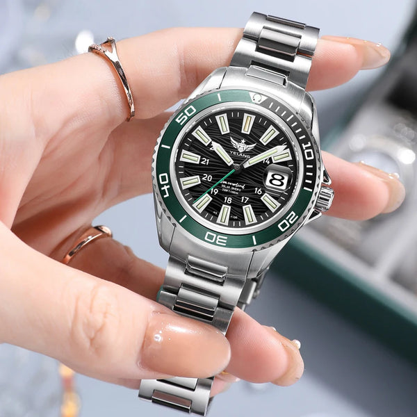 Elegant Yelang V1214 watch showcasing its durable sapphire crystal window.