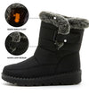 Chic women's waterproof winter boots with plush lining, low heel, and hook-and-loop closure for stylish cold weather comfort.