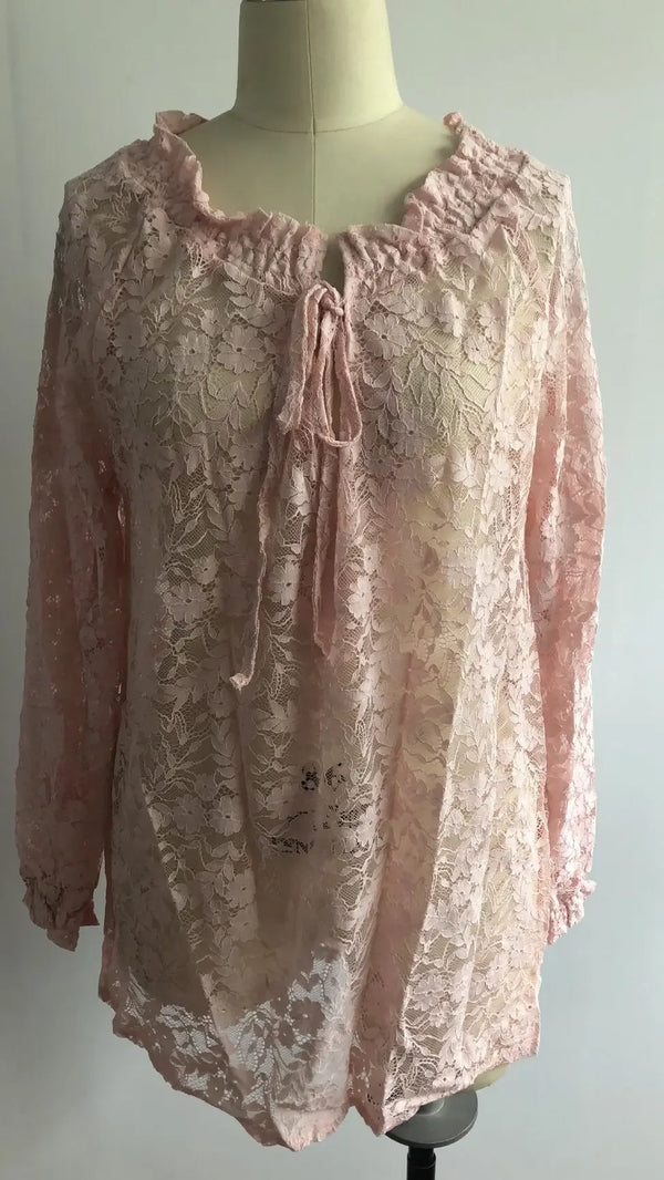 Elegant Boho Lace V-Neck Blouse for women, featuring delicate lace, relaxed fit, and lightweight fabric for casual sophistica