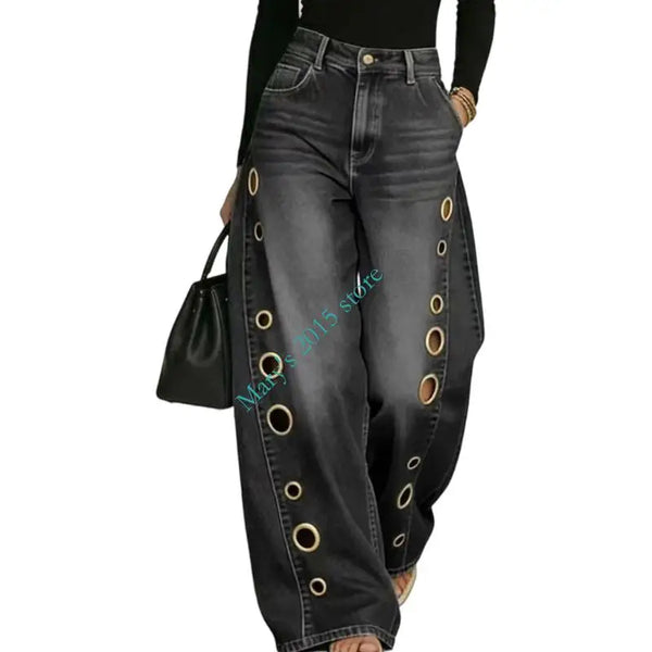 Black cotton denim wide leg jeans with button fly and metal grommet embellishments