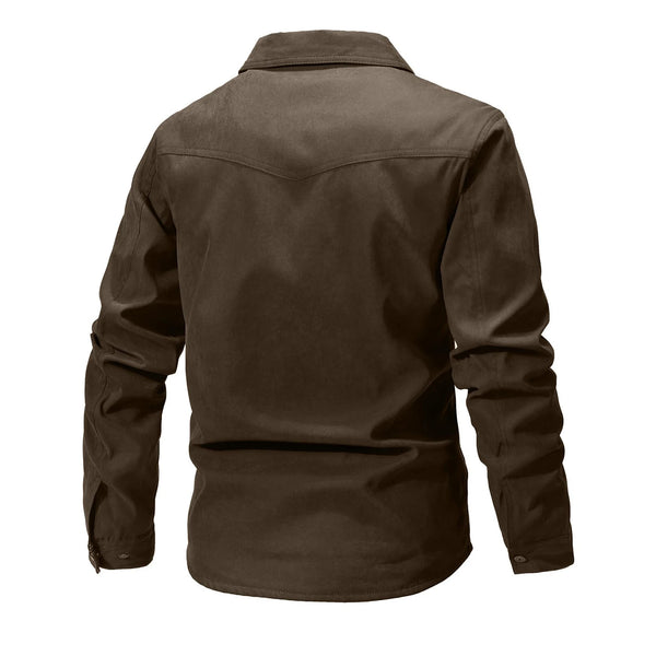 Men's Western Flannel-Lined Casual Jacket with turn-down collar, metal buttons, and multiple pockets for outdoor adventures.
