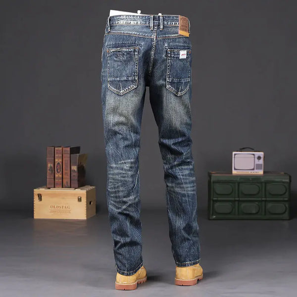 Detail of men's jeans showing high-quality denim and soft texture.