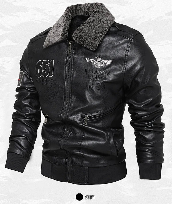Men's Autumn/Winter Embroidered Leather Biker Jacket with detachable collar, cozy cotton lining, and classic aviator design.