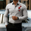 Men's casual shirt featuring bold red rose print and classic button-front design