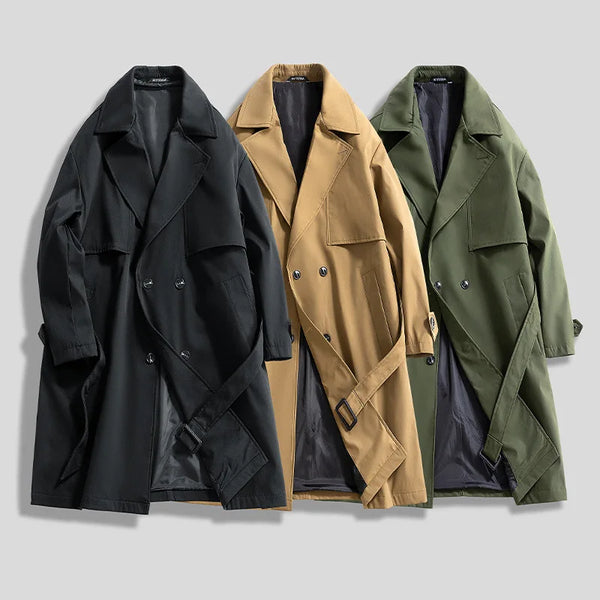Men's military green slim fit trench coat with double-breasted closure and notched lapel, perfect for spring and autumn wear.