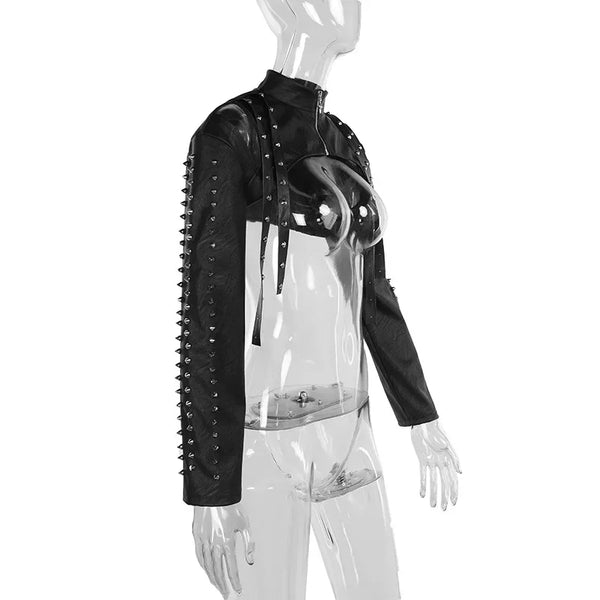 Chic cropped faux leather biker jacket for women with rivet detailing and slim fit, perfect for edgy streetwear style.