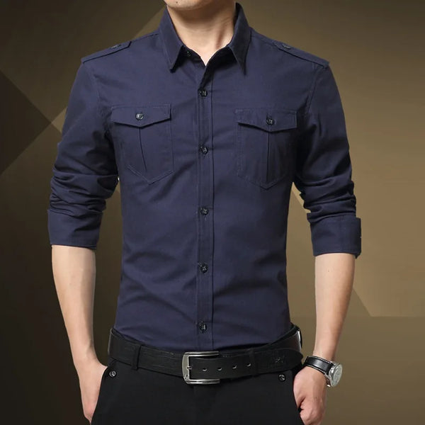 Slim fit military shirts for men in army green and khaki, long sleeve, stylish, comfortable, perfect for casual and business