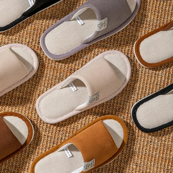 Top view of cotton-linen slippers showing roomy fit and solid pattern construction