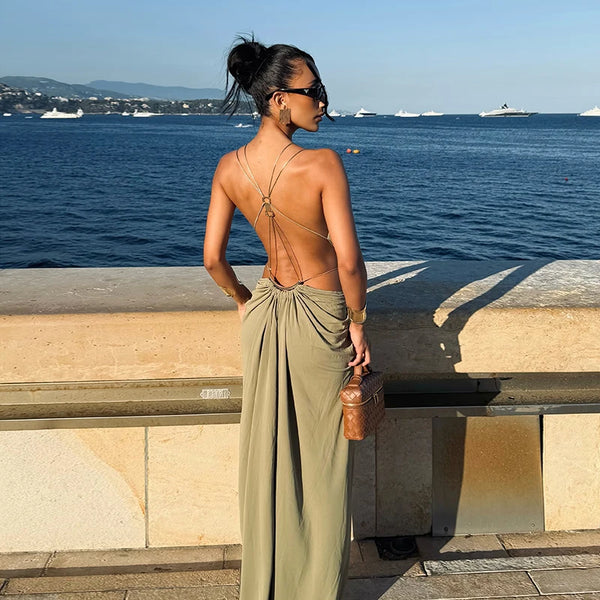 Polyester halter dress with sophisticated backless design and modern waist details