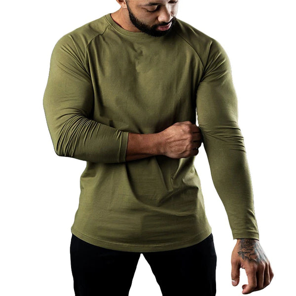 Men's long sleeve cotton tee in black, featuring moisture-wicking technology for comfort and breathability in casual wear.